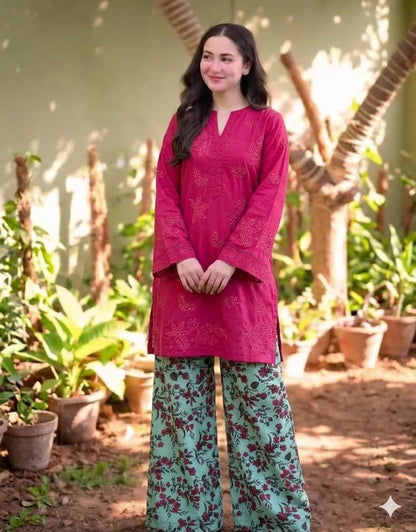 BONANZA Brown Chikan Kari Lawn Suit – Model View