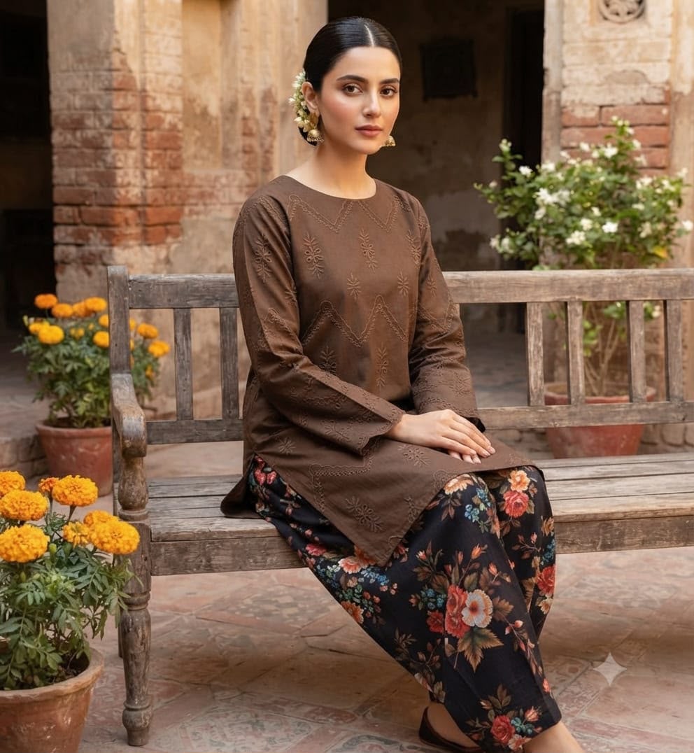 BONANZA Brown Chikan Kari Lawn Suit – Full Set