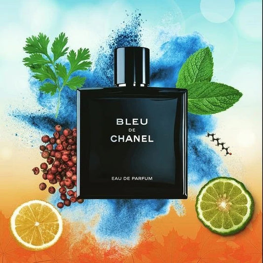 Bleu De Chanel Eau De Parfum black bottle with citrus and mint ingredients