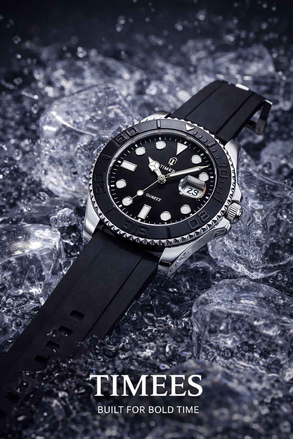 Timees Quartz Diver Watch - Silver Black on Ice - Built For Bold Time