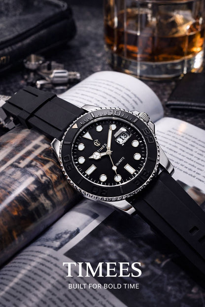 Timees Quartz Diver Watch - Silver Black Lifestyle Shot with Book and Whiskey