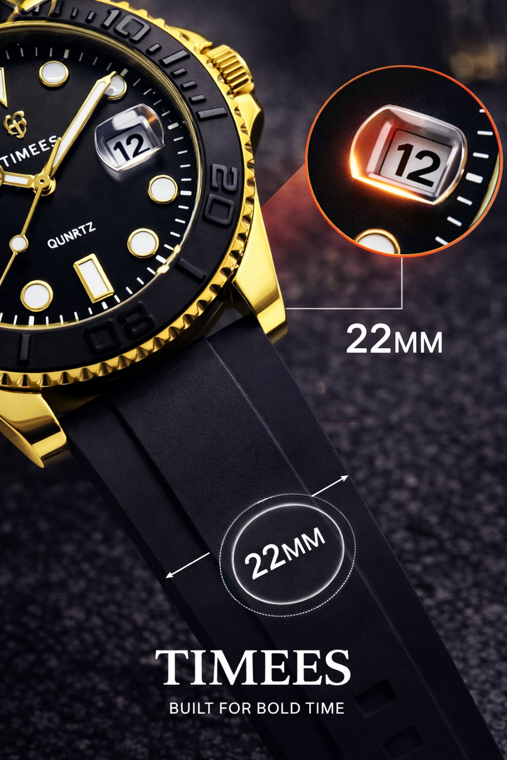 Timees Quartz Diver Watch - Gold Black 22mm Strap and Date Display Detail