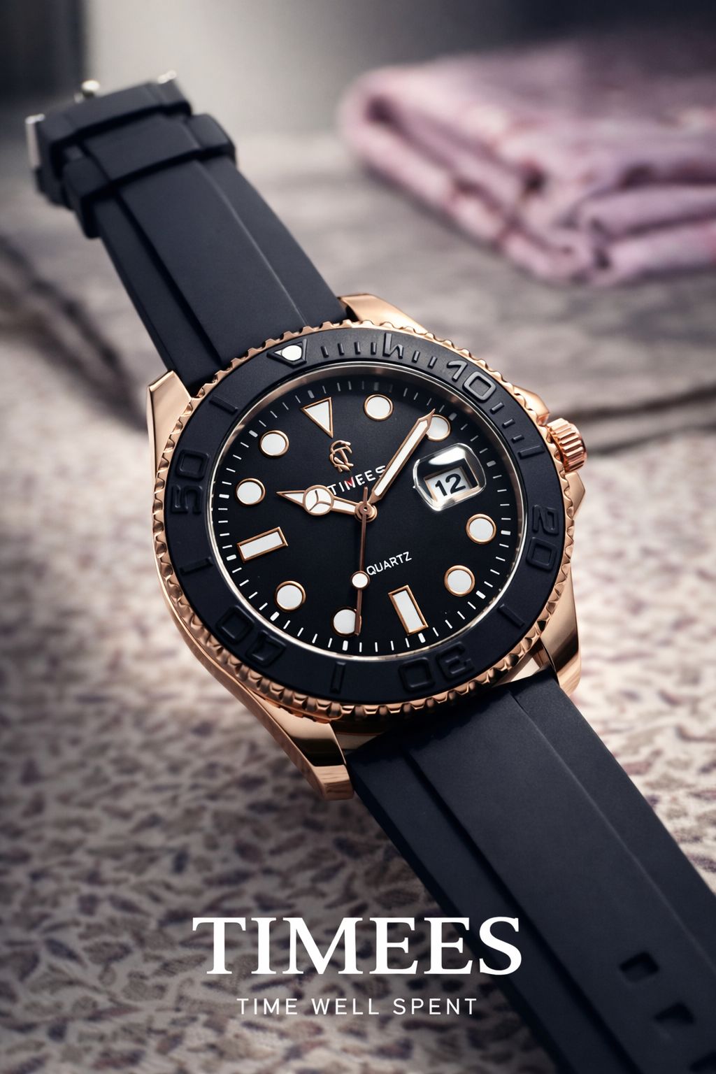 Timees Quartz Diver Watch - Rose Gold Black Rubber Strap Lifestyle Shot