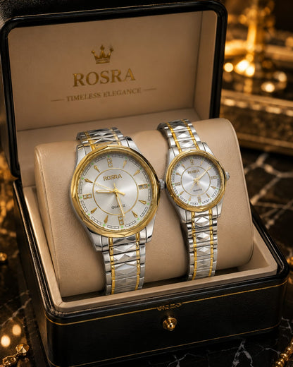 Luxury Couple Watch Set - Silver Gold Two-Tone Quartz in Premium Gift Box