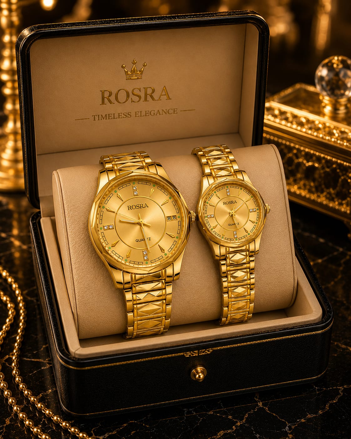 Luxury Couple Watch Set - Full Gold Quartz His and Hers in Premium Gift Box