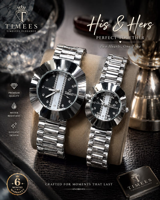 Timees couple watch – silver & black variant, His & Hers pair