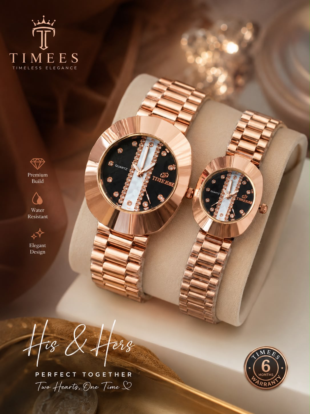 Timees couple watch – rose gold & black variant, His & Hers pair