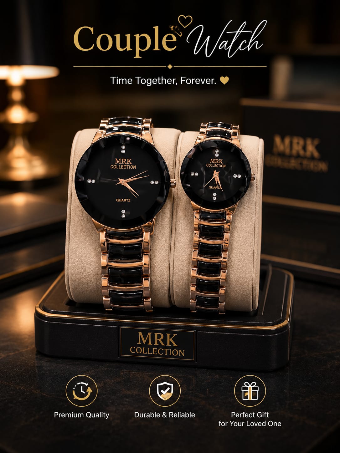 MRK Collection couple watch – rose gold & black variant pair