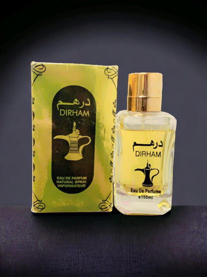 Dirham Eau De Parfum 100ml bottle with yellow green gift box