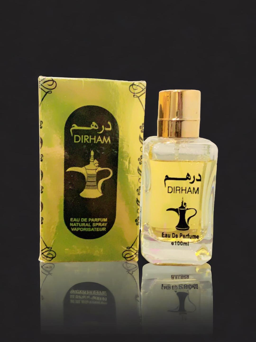 Dirham Perfume for Men 100ml complete set with box on reflective surface