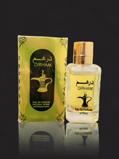 Dirham Perfume for Men 100ml complete set with box on reflective surface
