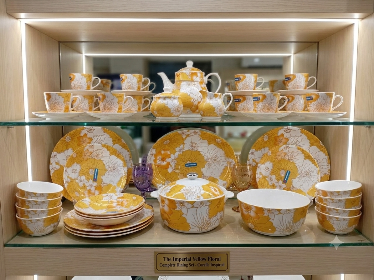 Imperial Yellow Floral dining set displayed on cabinet shelves