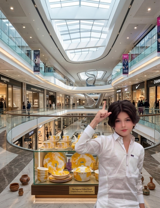 Imperial Yellow Floral dining set displayed in luxury mall showcase