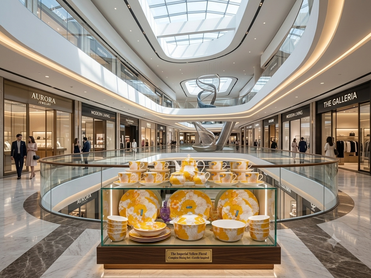 Imperial Yellow Floral dining set in mall display with boy pointing