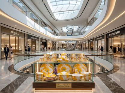 Imperial Yellow Floral dining set in mall display with boy pointing