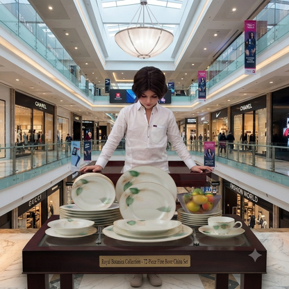 Royal Botanica 72-piece fine bone china dinner set displayed in luxury mall