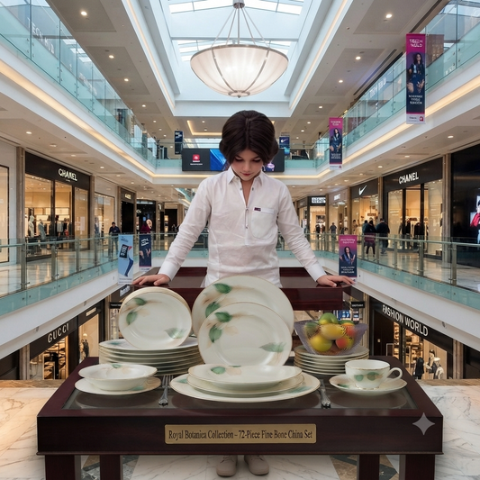 Royal Botanica 72-piece fine bone china dinner set displayed in luxury mall