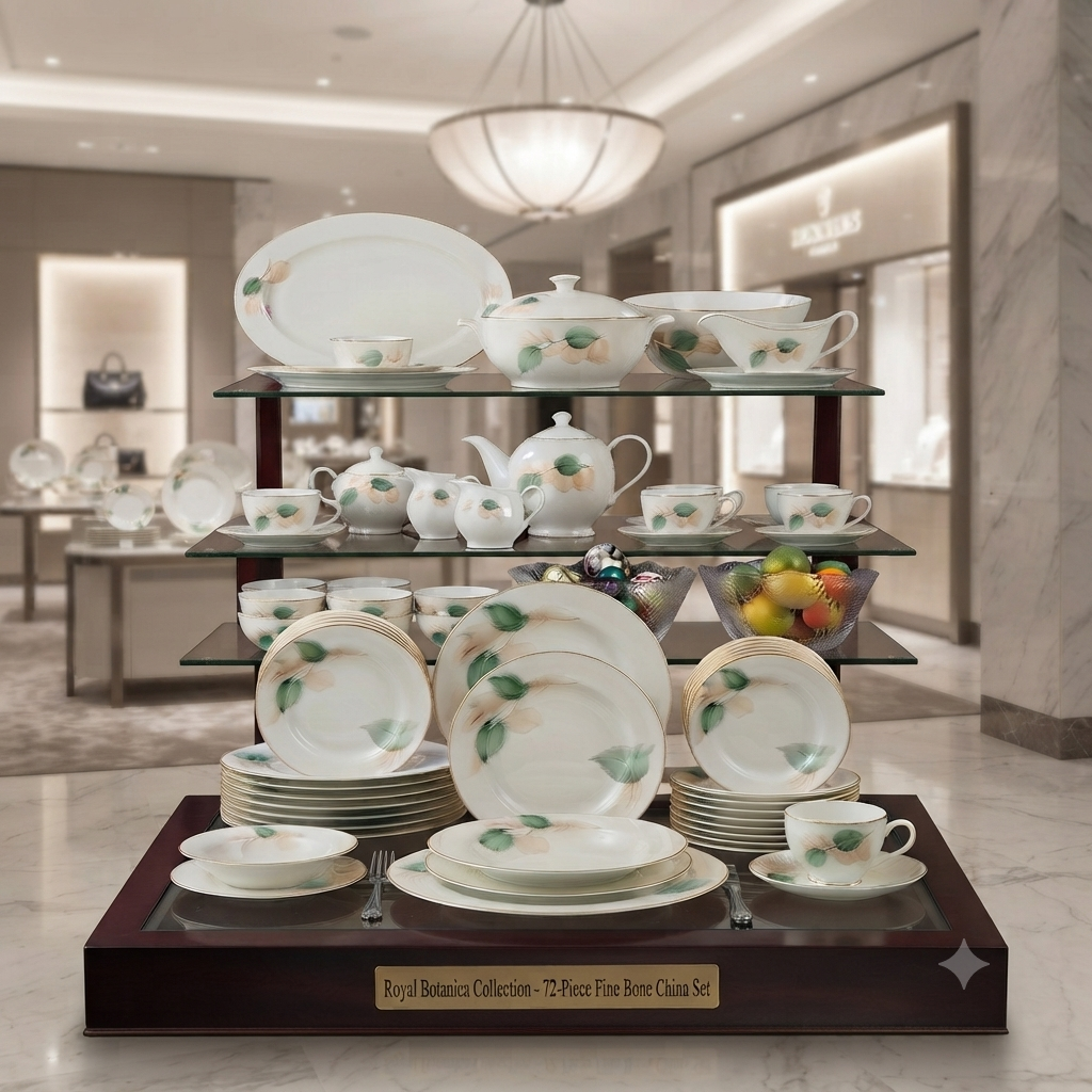 Royal Botanica bone china set full display on tiered shelf in showroom