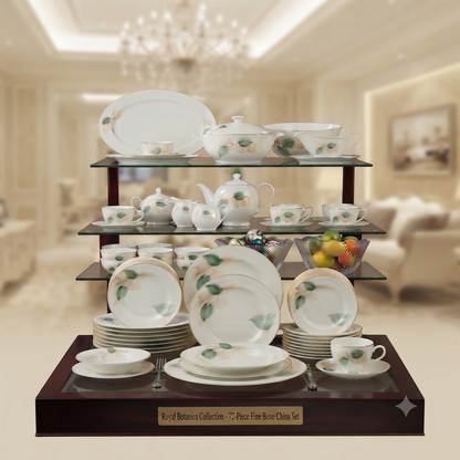 Royal Botanica 72-piece bone china dinner set in elegant home setting