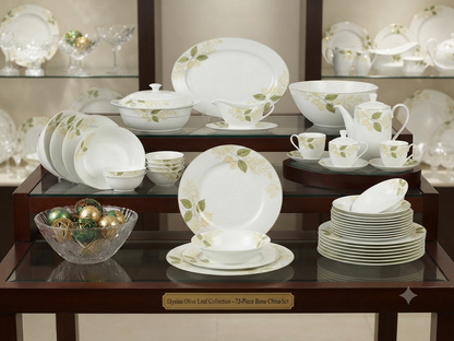 Elysian Olive Leaf 72-piece bone china set full display on dark wood table