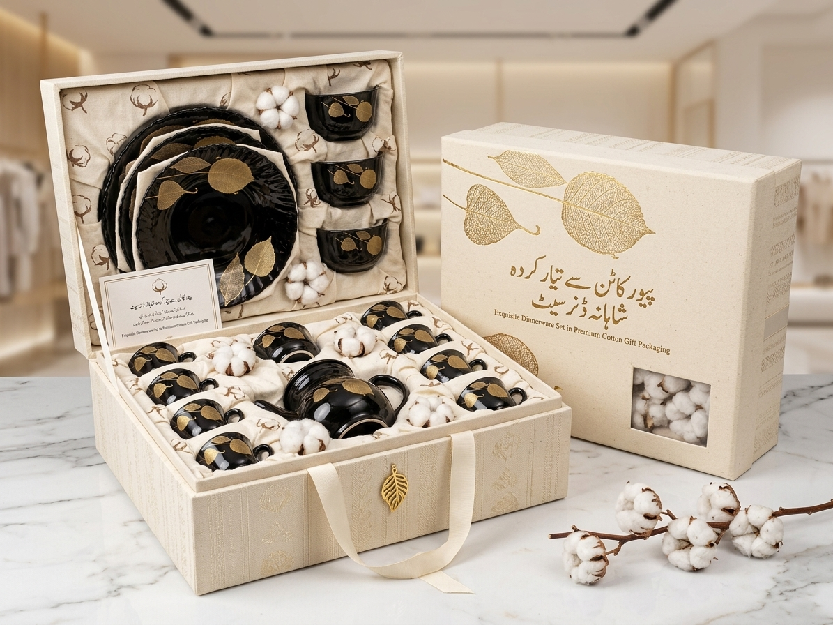 Black and gold dinner set store display