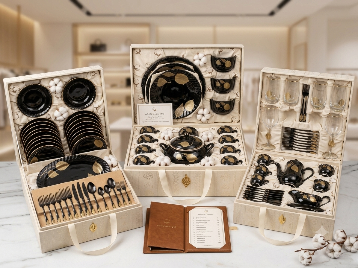 Black and gold dinner set presented at luxury mall