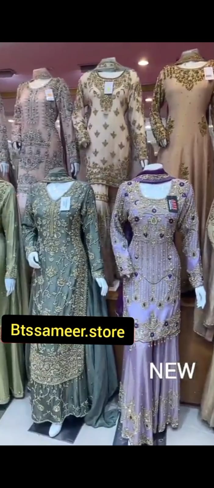 Golden Beige Heavy Embroidered 3PC Formal Suit – Front View on Mannequin