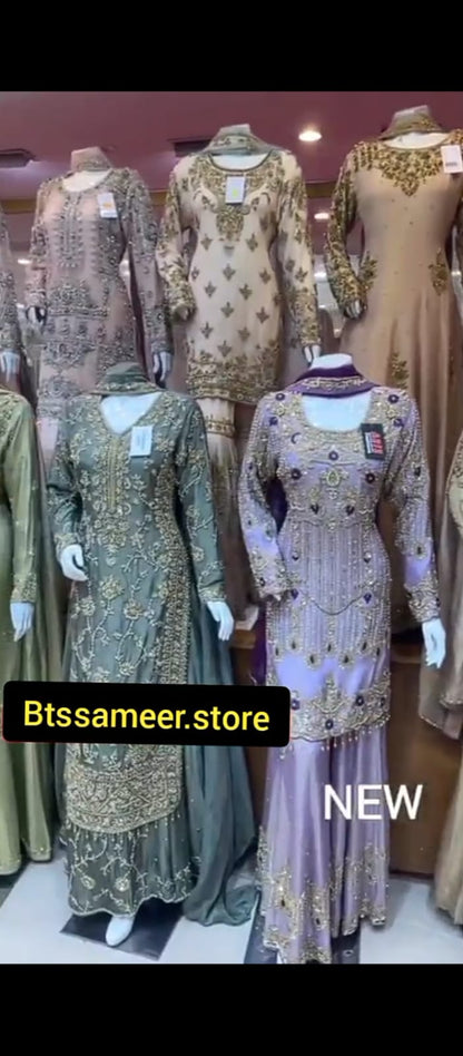 Golden Beige Heavy Embroidered 3PC Formal Suit – Front View on Mannequin