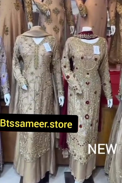 Golden Beige Embroidered Suit – Sleeve & Daman Embroidery Detail
