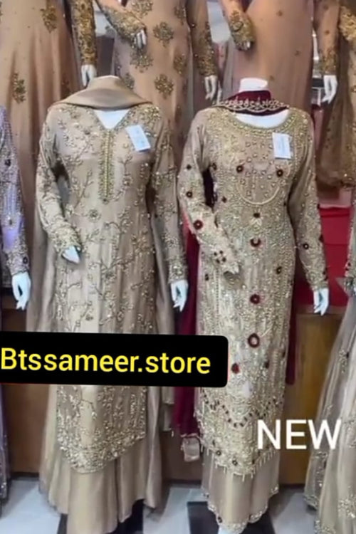 Golden Beige Embroidered Suit – Sleeve & Daman Embroidery Detail