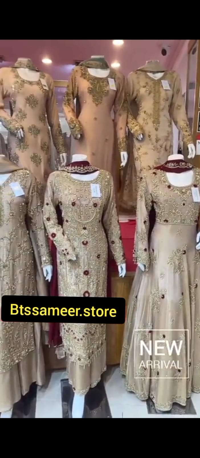 Golden Beige Bridal Maxi Lehenga – Full Flared View on Mannequin