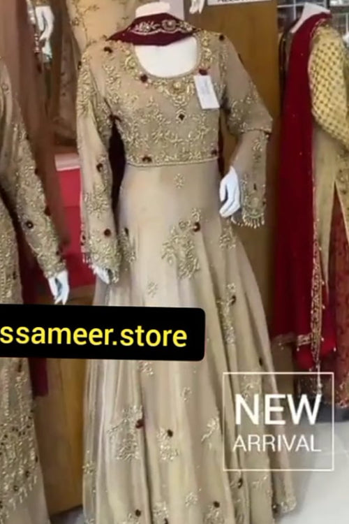 Golden Beige Bridal Maxi – Heavy All-Over Embroidery Detail