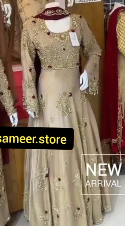 Golden Beige Bridal Maxi – Pearl & Mirror Work Close Up
