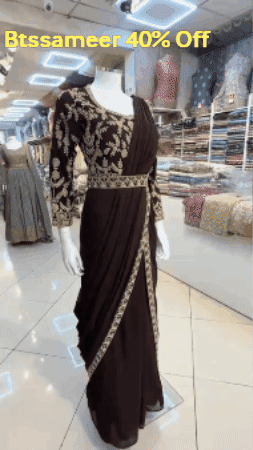 Dark Brown Heavy Embroidered Ready-to-Wear Saree Style Suit – Formal & Wedding Wear