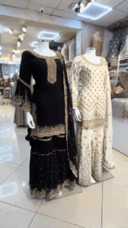 Heavy Embroidered Sharara 3-Piece – Black & Off-White | Wedding & Formal Wear