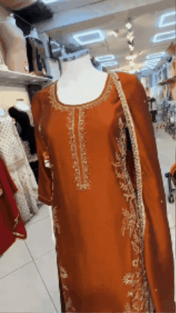 Rust Brown Embroidered Sharara 3-Piece – Formal & Party Wear