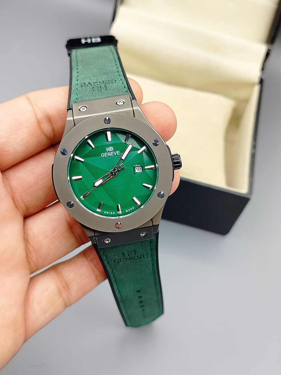 HB Geneve Green Dial Green Leather Strap Luxury Watch with Gift Box