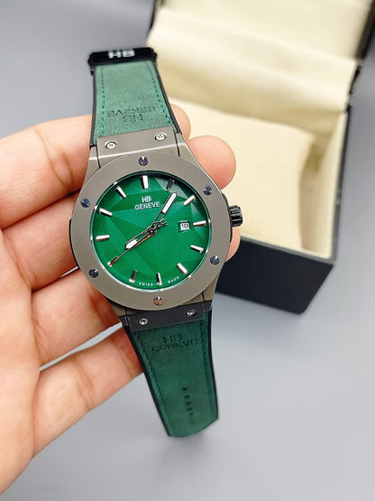 HB Geneve Green Dial Green Leather Strap Luxury Watch with Gift Box