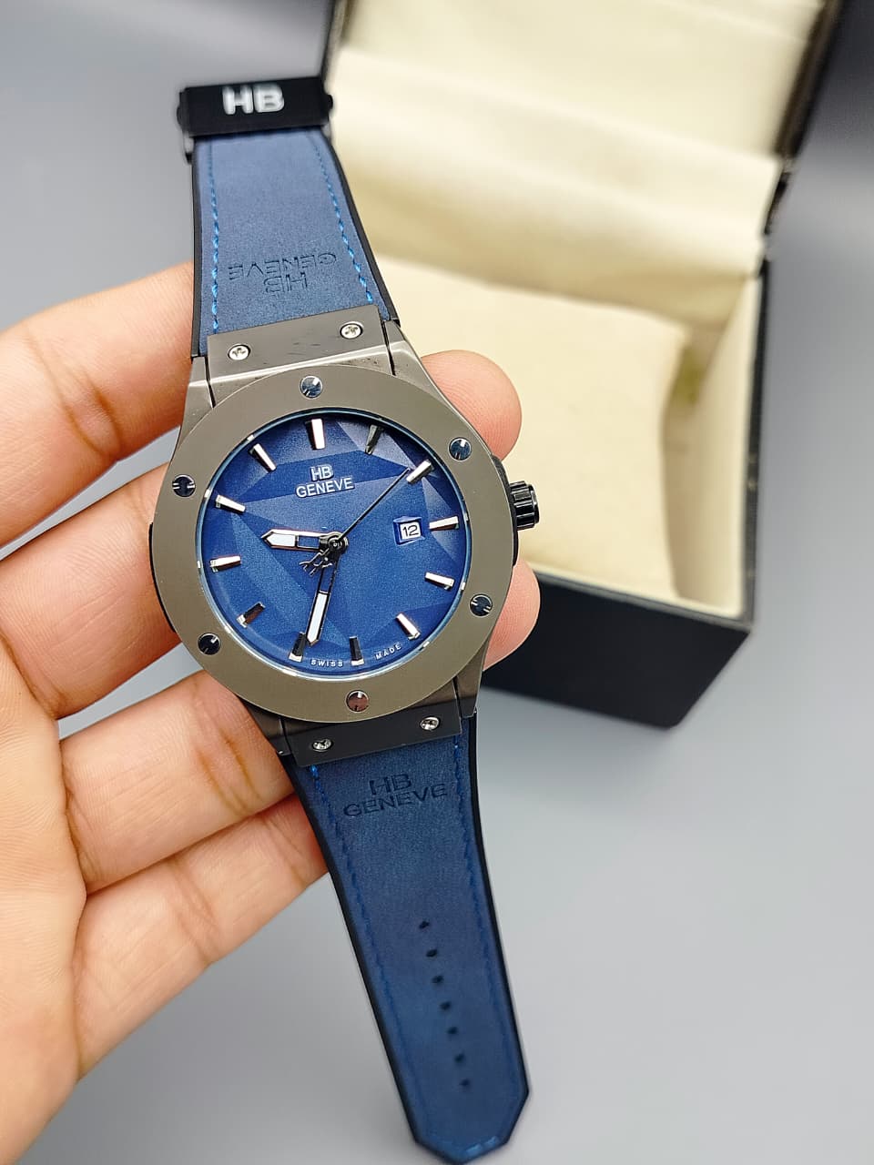 HB Geneve Blue Dial Blue Leather Strap Luxury Watch with Gift Box