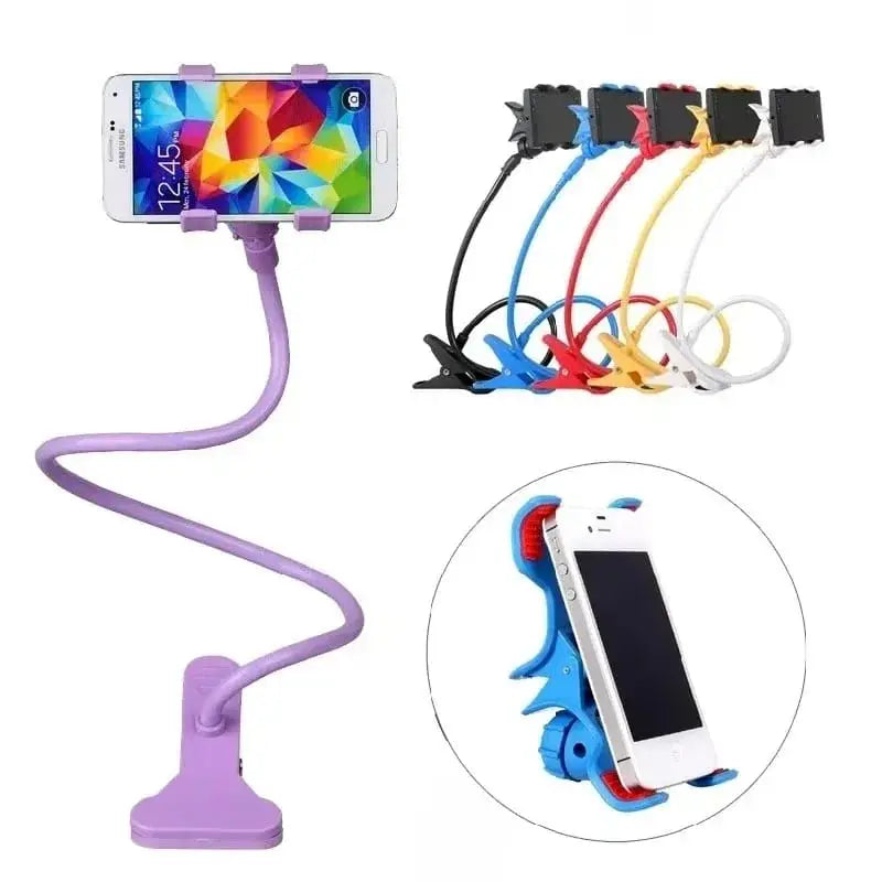 Black gooseneck mobile holder on desk with phone