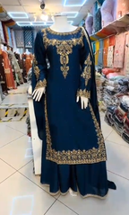 Navy blue heavy embroidered sharara 3-piece with gold zari threadwork and dupatta – front view on mannequin