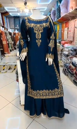 Navy blue heavy embroidered sharara 3-piece with gold zari threadwork and dupatta – front view on mannequin