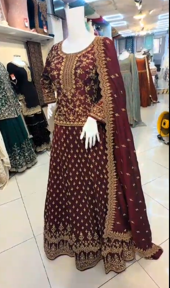 Maroon heavy embroidered lehenga style 3-piece with gold zari threadwork and matching dupatta – front view on mannequin