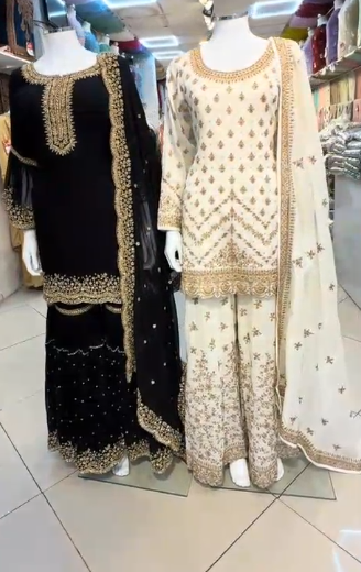 Heavy embroidered sharara 3-piece in black with gold embroidery and off-white with silver-gold embroidery – both color variants on mannequins
