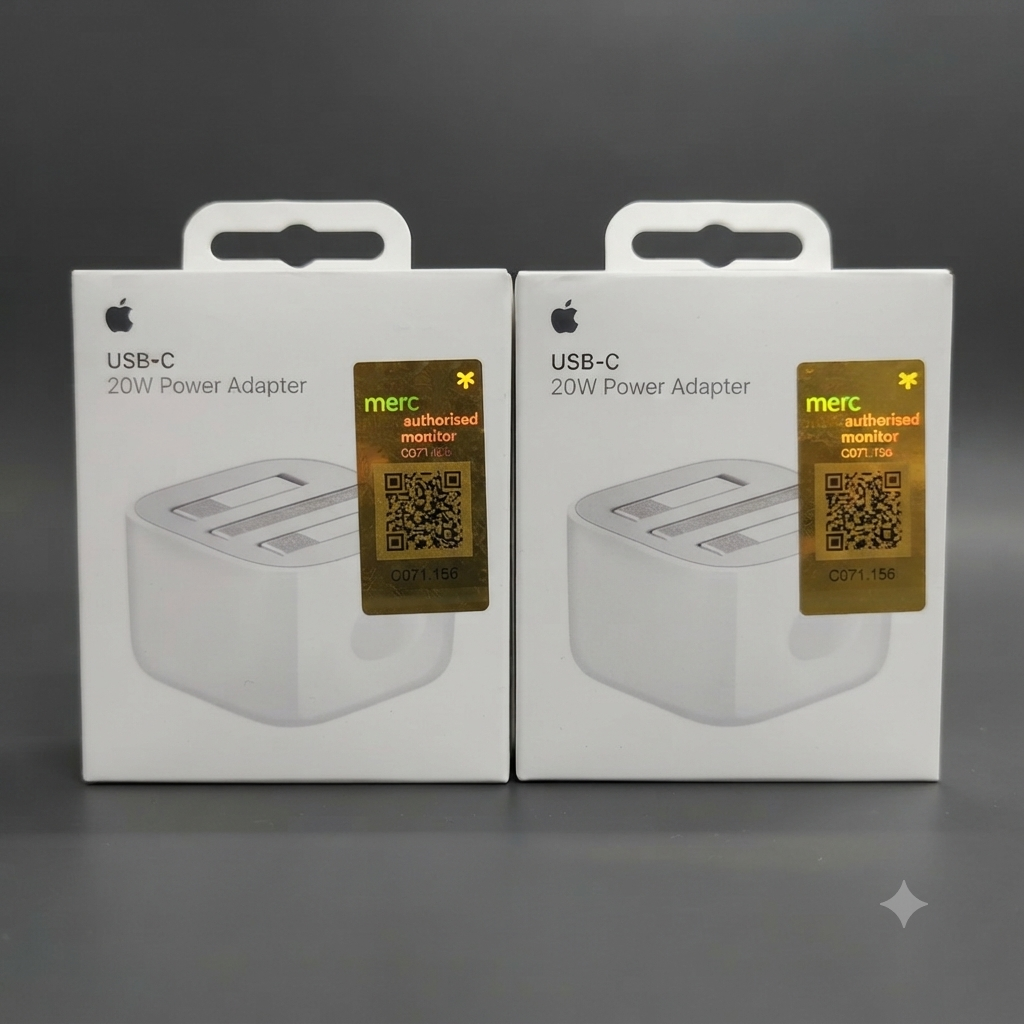 20W USB-C Power Adapter – Two Units in Box Packaging with Hologram Sticker