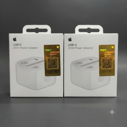 20W USB-C Power Adapter – Two Units in Box Packaging with Hologram Sticker