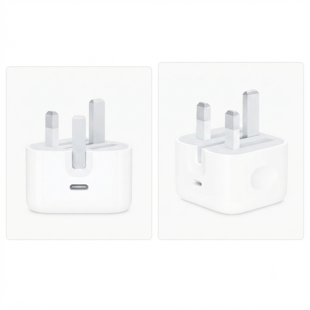 20W USB-C Power Adapter UK 3-Pin Plug – Front & Side View – Foldable Pins
