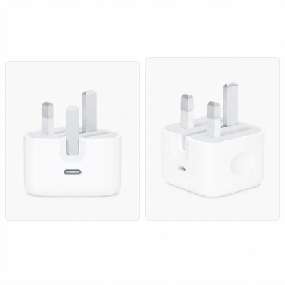 20W USB-C Power Adapter UK 3-Pin Plug – Front & Side View – Foldable Pins