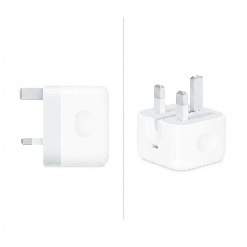 20W USB-C Power Adapter UK 3-Pin Plug – Side & Angle View – Compact Design