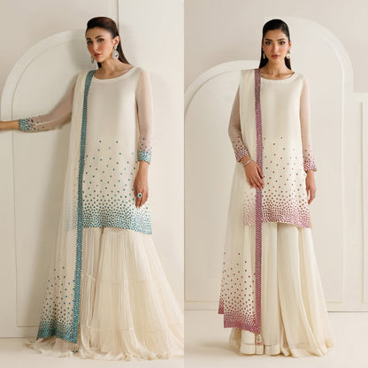 Jazmin replica off-white chiffon suit with teal and rose sequence dupatta – both color variants